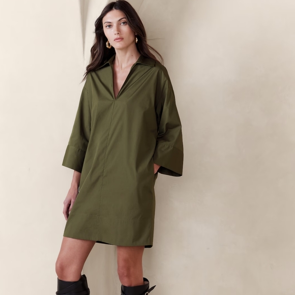 Banana Republic Dresses & Skirts - Banana Republic Cruz Poplin Mini Dress 2X Green V Neck Lagenlook Minimalist NWT